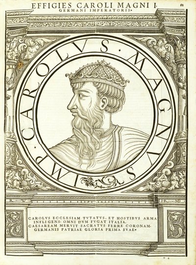 Carolus Magnus, illustratie uit Imperatorum romanorum omnium orientalium et occidentalium verissimae imagines ex antiquis numismatis, houtsnede door Rudolph Wyssenbach, gedrukt door Andreas Gesner, Zürich door Hans Rudolf Manuel Deutsch